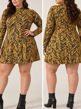 Rahi Sophie Tigress Gold Black Tiger Print Mock Neck Bold Glam Grunge Mini Dress